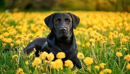 content black lab resting on a field of dandelions