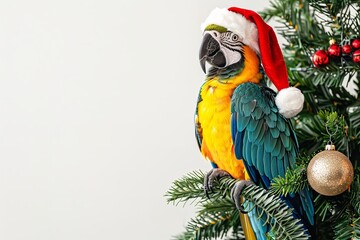 Aufkleber - A close-up of a parrot perched atop a decorated Christmas tree with a large text area on a white backdrop and the bird wears a red Santa hat, Generative AI.