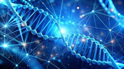 Aufkleber - Medical Research: DNA Double Helix & Digital Network on Blue Background