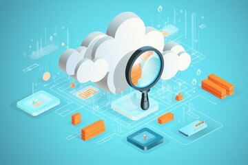 Wall Mural - Cloud computing resources being analyzed under magnifying glass, showcasing data storage, servers, and network connections in isometric view