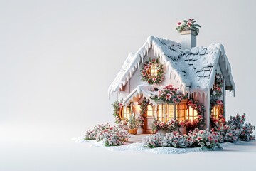 Aufkleber - An highly close-up of a 3D rendered of a whimsical house in a Christmas garden with flowers happy on a simple white background with plenty of room for background or text usage, Generative AI.