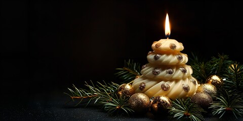 Aufkleber - An up-close view Golden Christmas objects pine departs and a white candle light in the shape of a Christmas tree are displayed on an even black background with a large writing area, Generative AI.