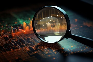 Poster - Magnifying glass reveals graph on circuit board, symbolizing data analysis, digital trends, and technological advancements