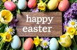 © Dalin - Happy Esther on a wooden board surrounded by spring flowers and Easter eggs for poster, greeting card, banner. Spring and Esther holidays concept, copy place
