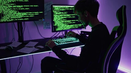 Poster - Young programmer works late at night coding on dual monitors with neon lighting in a modern workspace