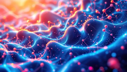 Fototapete - Dynamic network of vibrant blue and orange neon molecular structures