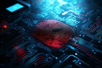 Fototapete - Red fingerprint glowing on dark circuit board, representing cybersecurity and data protection in digital age