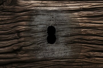 Poster - Fingerprint design carved into a wooden surface, forming a keyhole silhouette, symbolizing security and access
