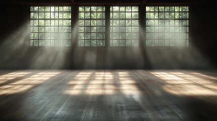 Poster - An empty sunlit room with large windows, allowing natural light to illuminate the wooden floor, creating a serene and peaceful atmosphere of tranquility.