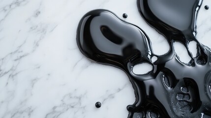 Poster - This image captures glossy black liquid flowing elegantly and artistically across a stark white marble surface, evoking a sense of smooth motion and fluidity.