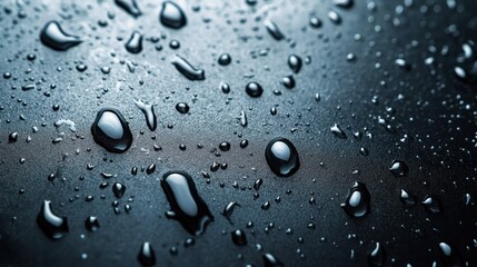 Poster - A mesmerizing array of water droplets on a sleek black surface, creating an abstract display of reflections and textures, perfect for artistic and modern design themes.