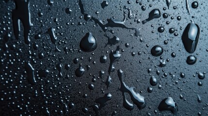 Poster - Close-up image of elegant water drops on a dark surface, showcasing beautiful reflections and intricate patterns, enhancing the aesthetic appeal and modern design feel.