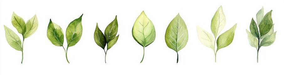 A beautiful set of vibrant green leaves placed on a white background