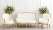 © VERTEX SPACE - Elegant vintage sofa set with white upholstery and wooden accents, perfect for stylish living room or event space. arrangement includes central sofa and two matching armchairs, surrounded by