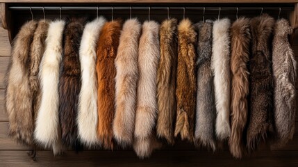 a collection of luxurious fur coats displayed on wooden hangers, highlighting the textures and color