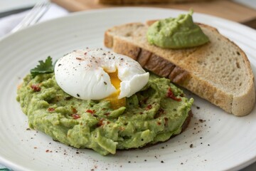 Wall Mural - A plate with a generous serving of creamy mashed avocado, topped with a perfectly cooked poached egg, poached egg, healthy