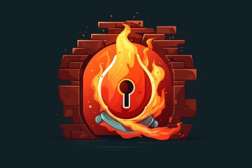 Poster - Burning keyhole in a brick wall symbolizes a security breach, data vulnerability, or system failure