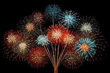 Poster - Bright and colorful fireworks exploding against a dark night sky, creating a festive and celebratory atmosphere