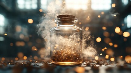Poster - An illuminated glass bottle filled with golden sparks, surrounded by ethereal mist, creating a dynamic sense of energy and attraction that captivates the observer's imagination.
