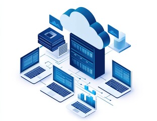 an isometric illustration of a server room with a laptop and cloud