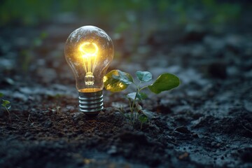 A solitary light bulb is positioned in the dirt, next to a small green plant