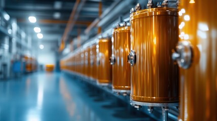 Poster - Long rows of gleaming orange industrial cylinders are arranged in a factory, illustrating the systematic layout and modern design of industrial manufacturing settings.