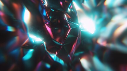 Poster - A captivating close-up of a shimmering metallic surface featuring crumpled textures and vibrant iridescent colors, showcasing a dynamic interplay of light and shadow in a modern art piece.