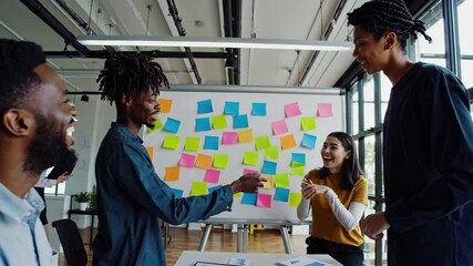 Aufkleber - Group brainstorming session in modern office with colorful sticky notes