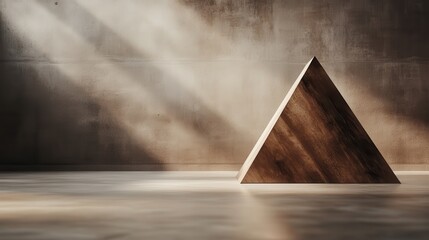 Poster - A beautifully crafted wooden triangular shape stands prominently in a softly lit minimalist interior, emphasizing simplicity and modern aesthetics in design.