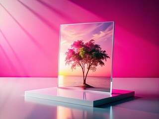 Wall Mural - Minimalist Pink & White Product Display Stand with Dramatic Light & Shadow - Double Exposure Stock Photo