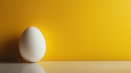 Poster - A simple yet elegant white egg rests against a vibrant yellow background, highlighting the purity and symmetry of the form while creating a striking visual contrast.