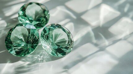 Poster - This image features three sparkling green gemstones elegantly placed on a light surface while casting intricate shadows, creating a beautiful and artistic display.