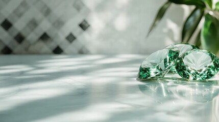 Poster - A captivating image of three green gemstones gently resting on a table, beautifully illuminated by light and creating stunning shadow designs in the background.