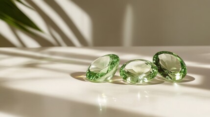 Poster - This beautifully lit image showcases three green gemstones placed on a white background, highlighting their intricate cuts and reflecting shadows elegantly.