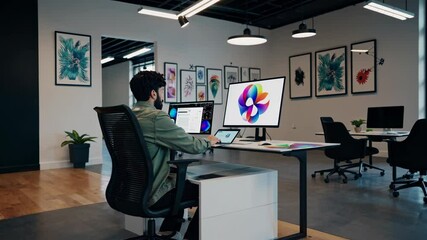 Poster - Creative professional works on digital design in modern office with colorful screen