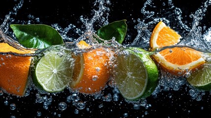 Poster - A captivating splash of oranges and limes hitting the water, with droplets bursting around them, showcasing color and freshness amidst an exhilarating visual experience.
