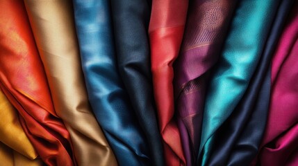 Poster - A stunning display of vibrant textiles showing various colors and textures, arranged in layers to create a captivating visual effect that draws attention.