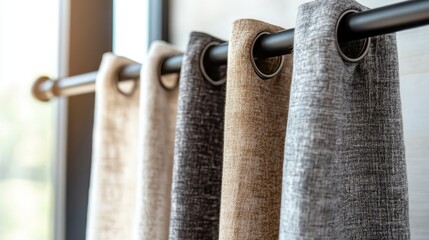 Poster - A collection of beautifully draped curtains showcasing different neutral color tones, perfect for enhancing any modern interior space with elegance and style.