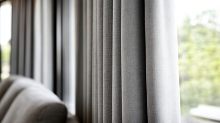 Poster - Graceful grey curtains softly cascaded near a large window, creating a serene environment and enhancing the cozy appeal of the living space with natural light.
