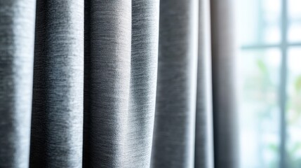 Poster - A close view of rich grey curtains, showcasing their texture and luxurious feel, enhancing the contemporary aesthetic of the window area near natural light.