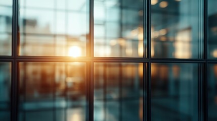 Poster - This image showcases a stunning view through glass panels, capturing the warm glow of sunset, highlighting the beauty of architecture and modernity in urban settings.