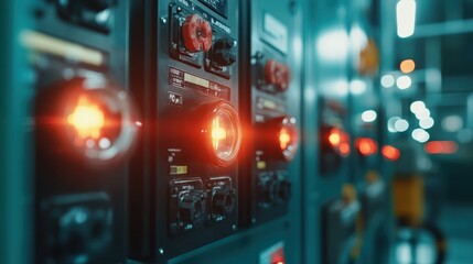 Poster - An intriguing view of illuminated control systems, with glowing orange lights that convey a sense of activity and operational readiness in an industrial setting.