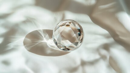 Poster - This image showcases a beautifully faceted crystal sphere resting on a soft, flowing fabric surface, casting intricate shadows and reflections that mesmerize the viewer.
