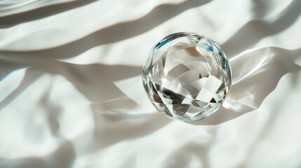 Poster - An intricately faceted crystal sphere is presented on a soft textured surface, casting delightful reflections and shadows that enhance its beauty and charm.
