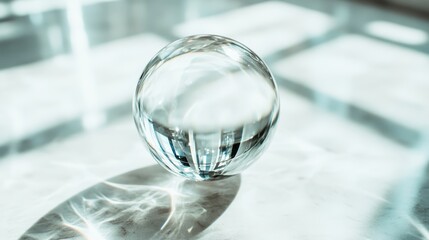 Poster - A clear crystal orb placed on a bright surface captures and refracts light, creating beautiful reflections and shadows that convey clarity and illusion.