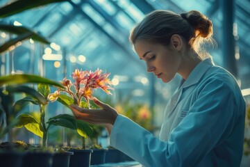 A female scientist gently examines a vibrant pink flower in a greenhouse, studying its growth and development.