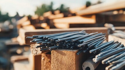 Wall Mural - Close-up of metal rods stacked on wooden pallets in a construction yard under sunlight