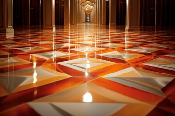 Poster - Low angle view of a shiny tiled floor reflecting light in an elegant hallway with columns