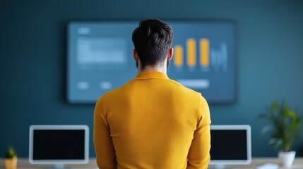 Poster - A man in a yellow shirt observes analytical data displayed on a screen, with computers and plants in a modern workspace.