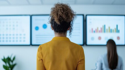 Poster - A woman observes data visualizations on screens in a modern office, highlighting analytics and collaboration in a professional environment.